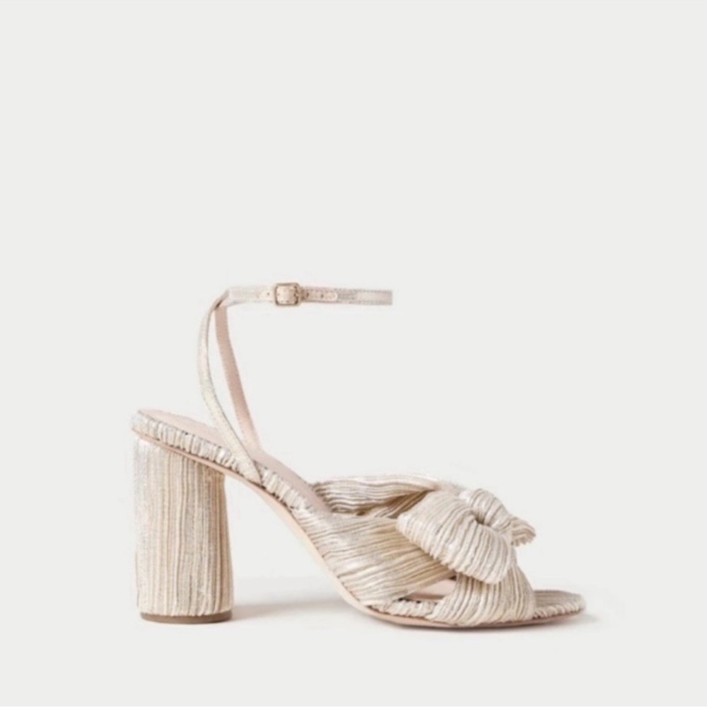 LOEFFLER RANDALL Camellia Platinum Gold Pleated Knot Bow Sandals